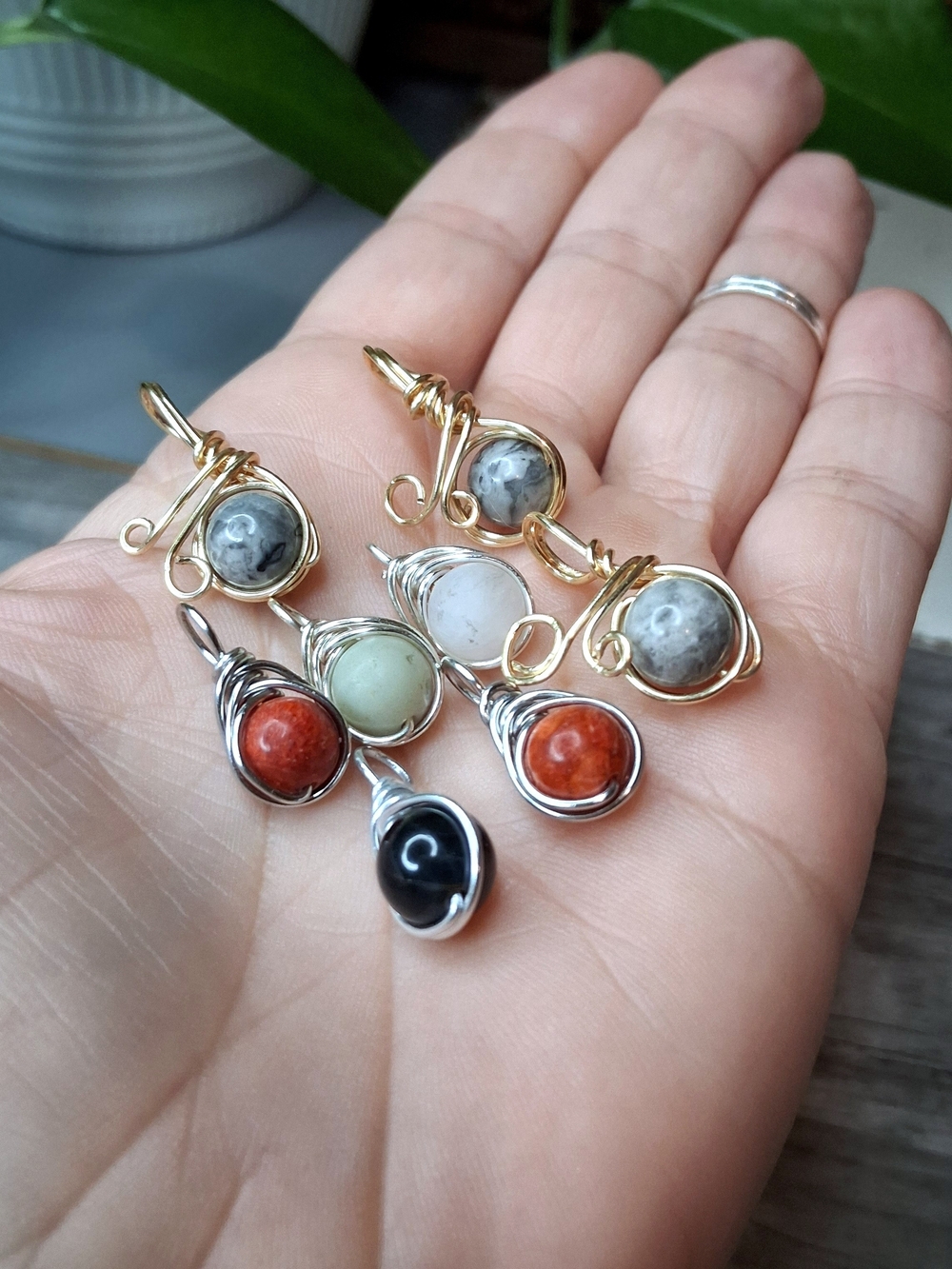 Mixed Gemstone Wire-Wrap Pendants Charms Set Of 8
